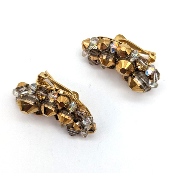 Hobe Gold Beaded AB Aurora Borealis Crystal Crescent Earrings Signed Vintage - Picture 7 of 10